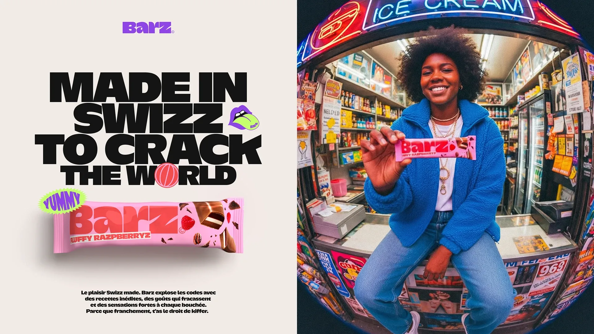 Barz raspberry chocolate bar poster in a corner store